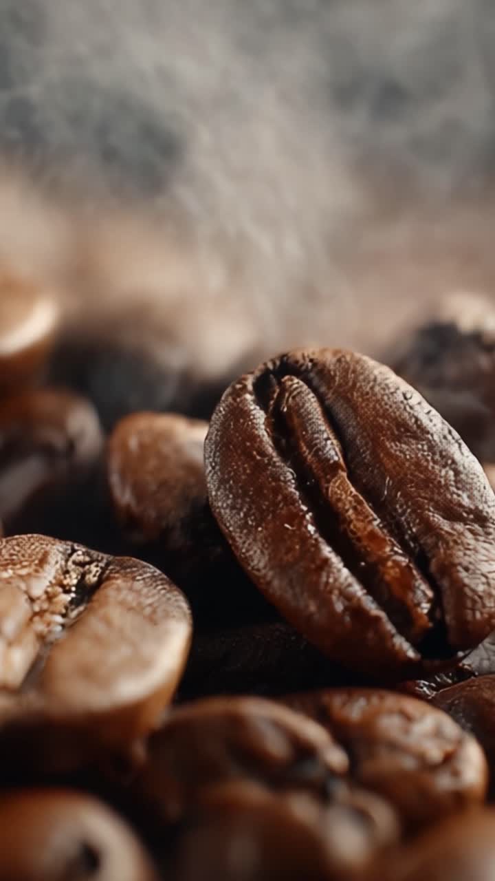 Aromatiske kaffebønner omgivet af dampskyer, der fanger essensen og rigdommen af friskbrygget kaffe for både entusiaster og kendere.