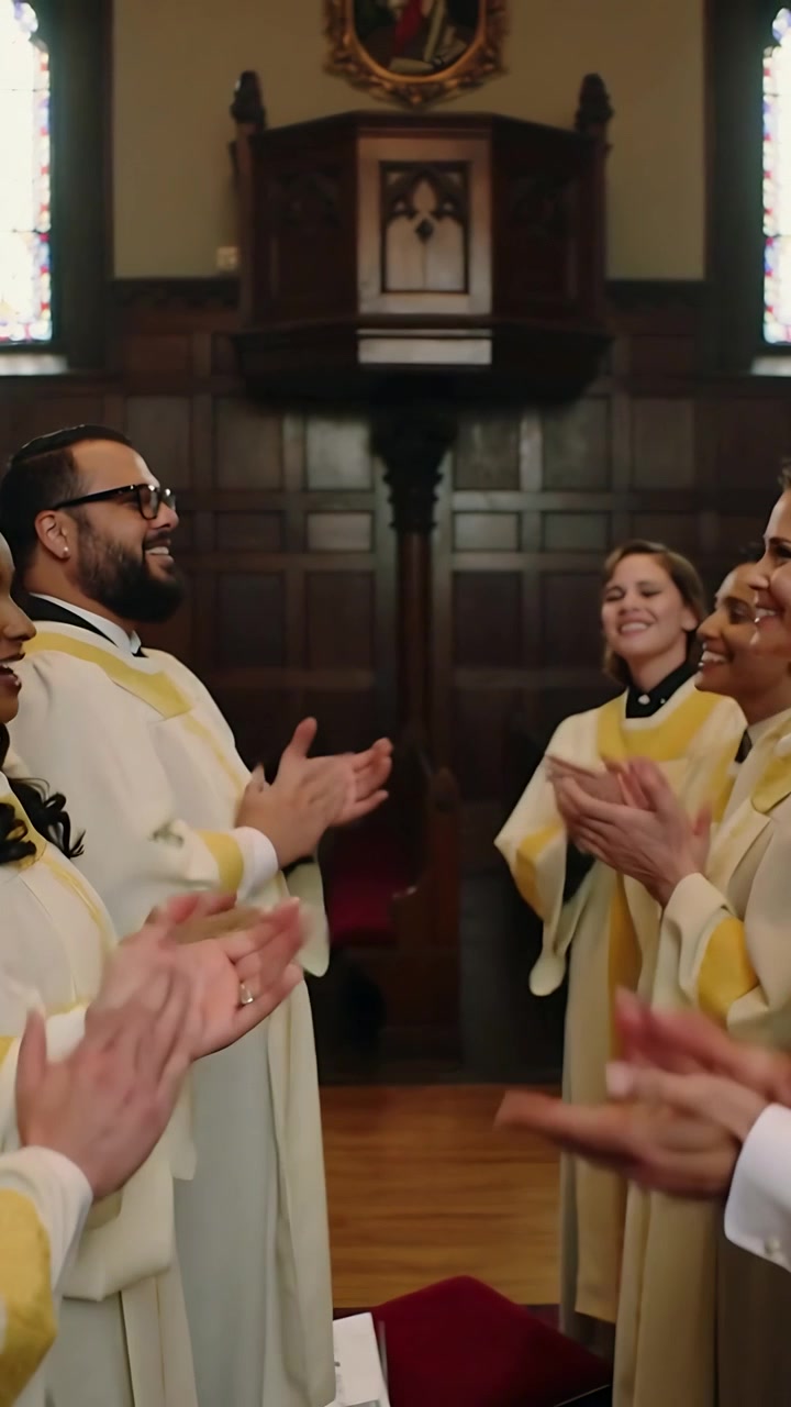 Vídeo vertical: Coro risonho vestindo vestes, provocando aplausos enquanto a câmera se afasta em uma igreja