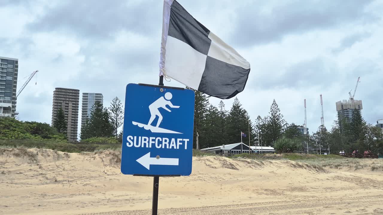 Blått badevaktsskilt på informasjonstavlen på stranden, som instruerer om å holde seg unna de angitte badeområdene.
