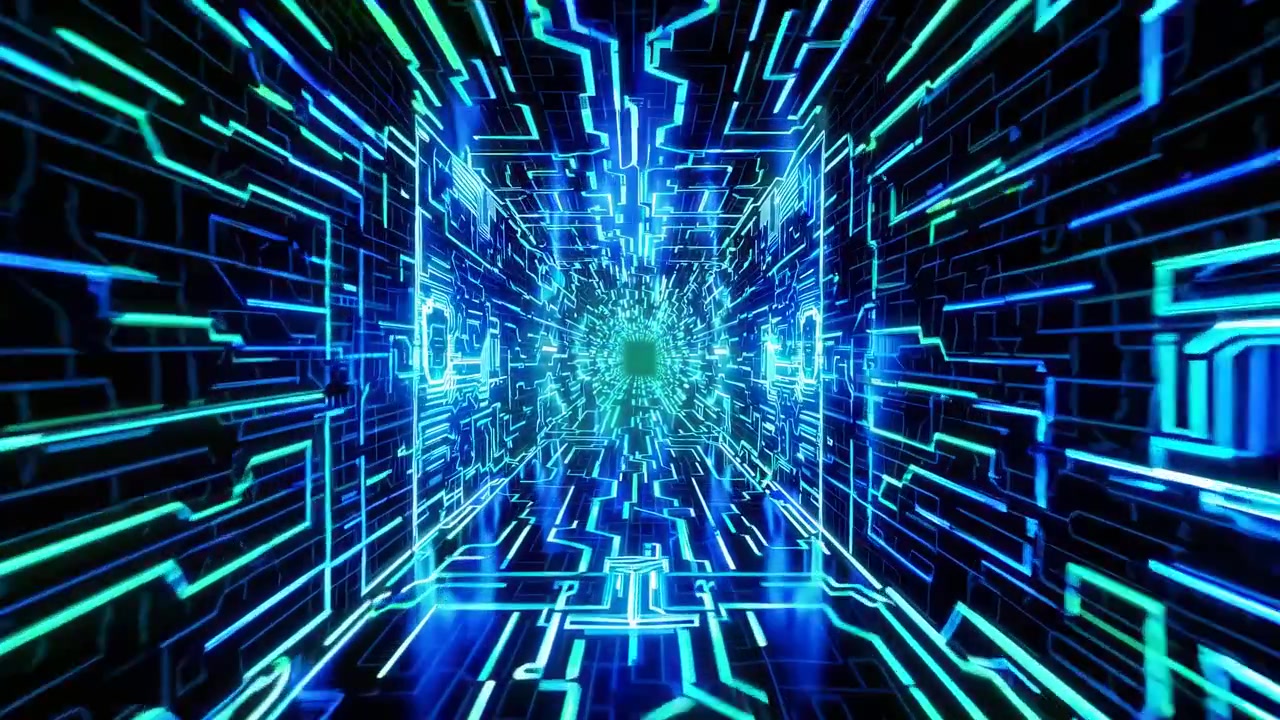 Fast Motion Through a Glowing Digital Circuit Board Tunnel