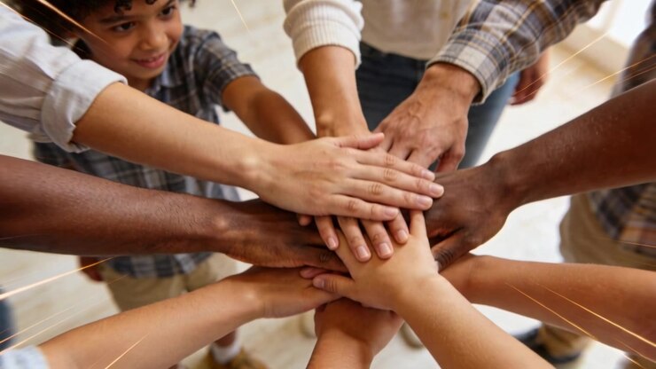 Gruppo di età diverse che posa le mani sul pavimento di casa dopo la chiamata del leader, spingendo per l'unità