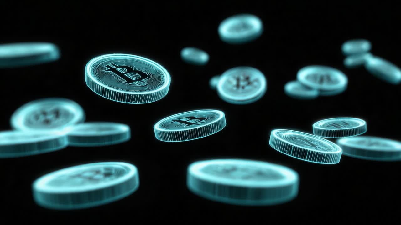 Luminous blue Bitcoin cryptocurrency coins falling slowly through a dark digital space representing blockchain technology, electronic payment systems, and the future of global finance