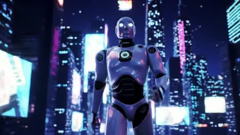 a futuristic robot stands confidently in a neon cityscape, highlighting the intersection of technology and urban life in a dazzling digital world