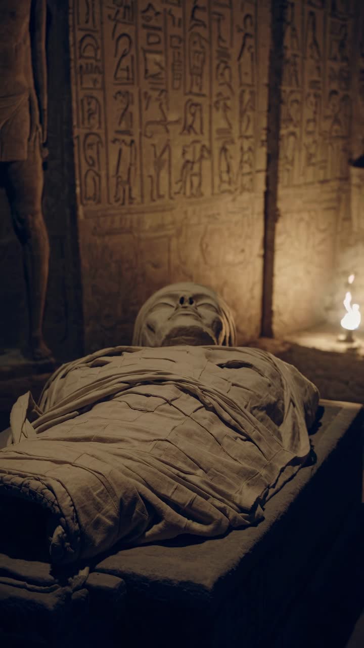 A low-angle video shot of an ancient Egyptian mummy in a dimly lit tomb