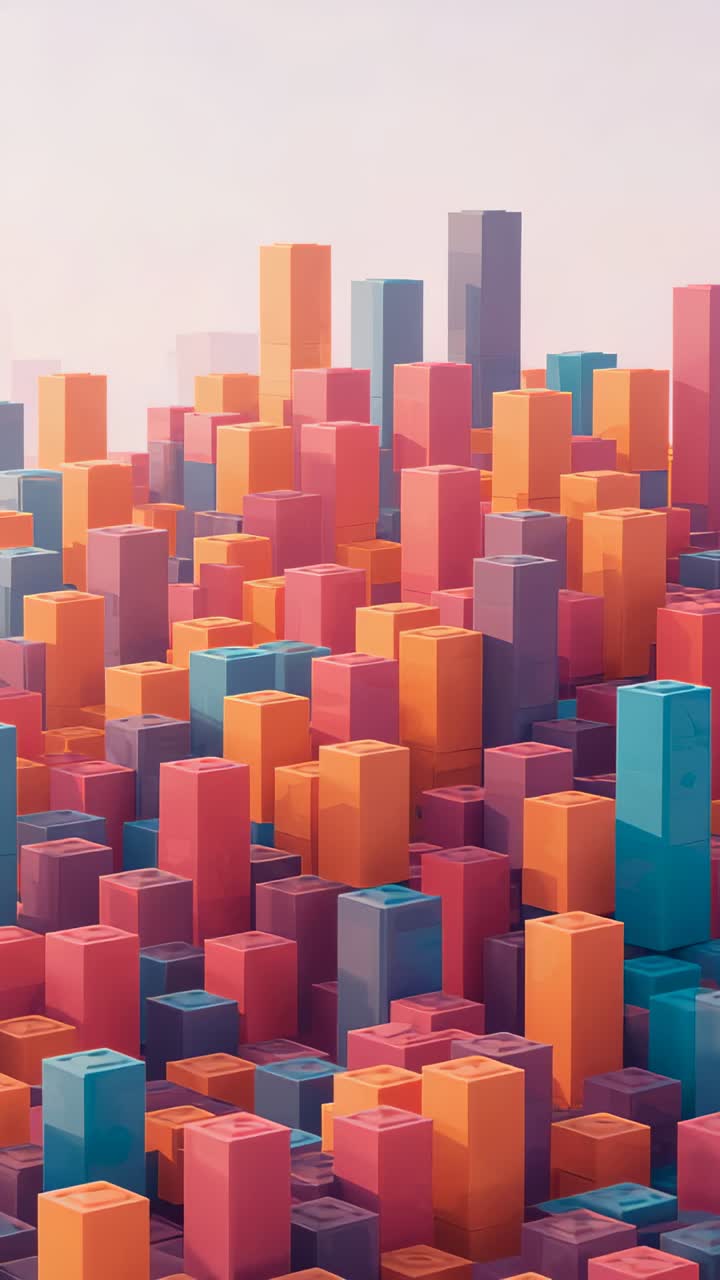 Vertical video: Rising camera revealing colorful box towers at model city, showing hollow indents