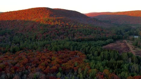 aerial drone video footage of the beautiful appalachian mountains during peak foliage in new york's hudson valley during golden hour