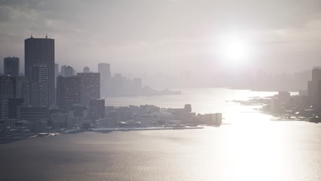 skyline aerial view at sunset with skyscrapers