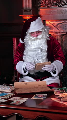 busy santa looking through the christmas cards. preparation for holidays. santa claus working in his cabin near fireplace. vertical video