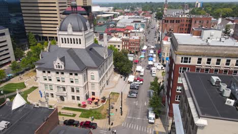 aerial view of a city street with a farmers market
