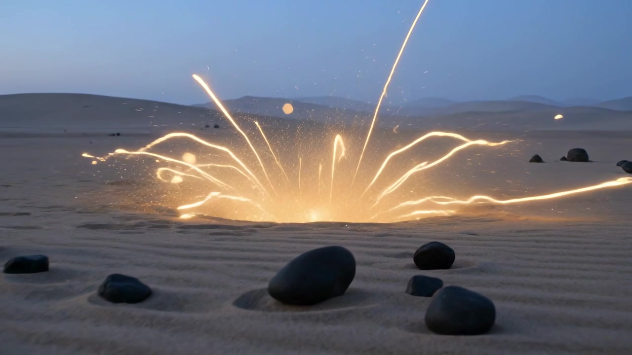 Cratere di sabbia luminescente sulle dune che reagisce a un debole bagliore, emettendo un pennacchio ed espellendo scintille luminose