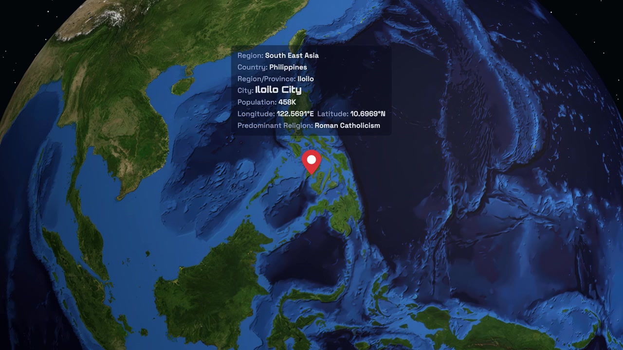 A 3D rotating globe zooms into Iloilo City, Philippines, displaying regional data and location