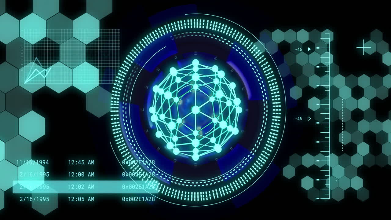 디지털 네트워크 및 데이터 시각화 애니메이션은 육각형 패턴과 함께 미래의 인터페이스를 통해