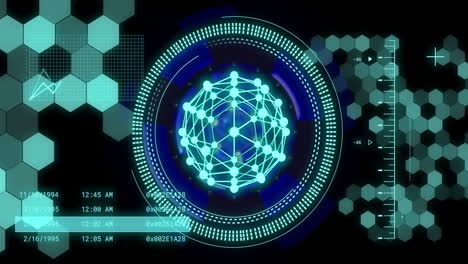 digital network and data visualization animation over futuristic interface with hexagonal patterns