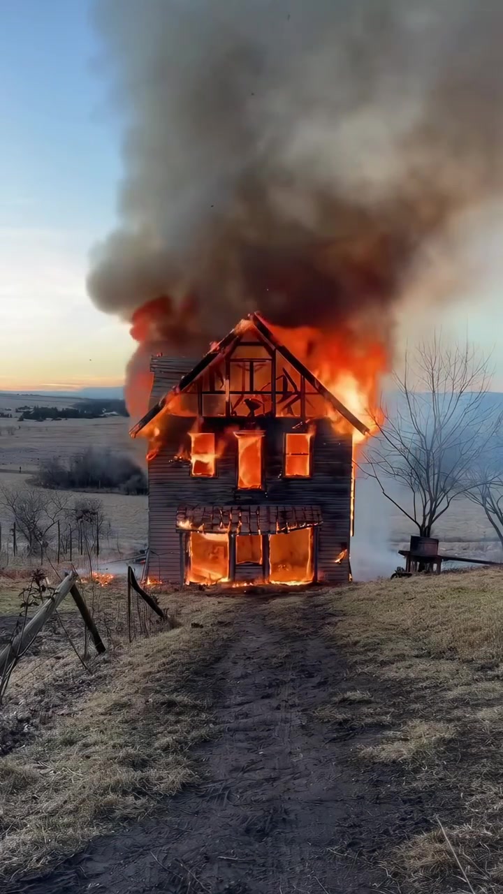Casa abbandonata avvolta dalle fiamme al tramonto.