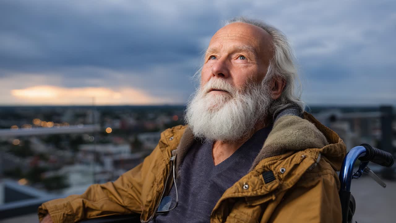 Un anziano con la barba bianca guarda pensieroso verso il cielo dalla sua sedia a rotelle su un tetto, circondato dalle luci della città al crepuscolo