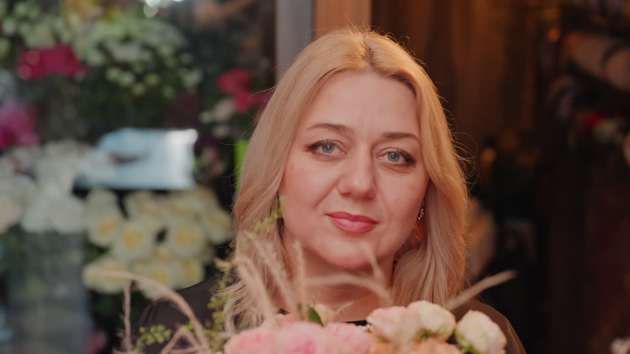 Blond kaukasisk blomsterhandler holder lyserød buket i en varm butik. Hun arrangerer pæoner og roser, smilende og indånder duften. Nærbillede portræt af butiksejeren omgivet af vaser og bånd.