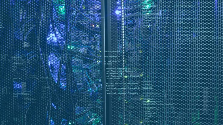 Animation of data processing against close up of a computer server