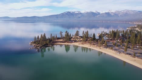 picturesque lake tahoe and sand harbor park and beach, nevada usa, drone aerial view