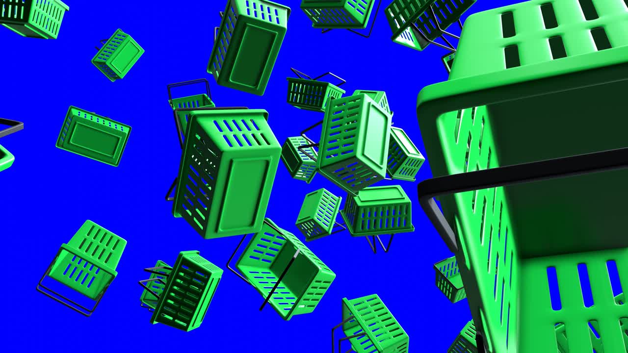 파란색 크로마 키 배경에 녹색 플라스틱 쇼핑 바구니.