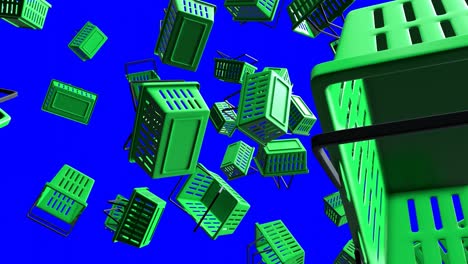 cestas de compras de plástico verdes en el fondo azul de la llave de croma.