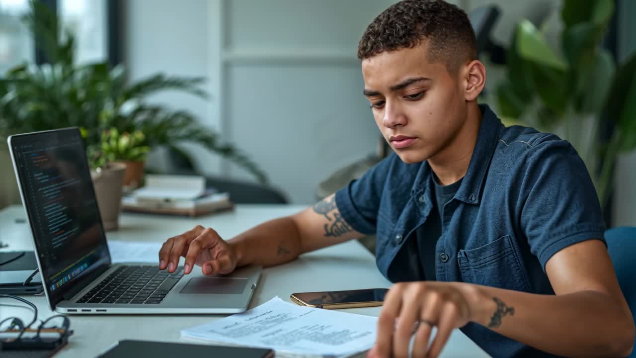 Glancing teen blue-shirt leaning, typing on laptop home-study, reaching papers-phone finishing work