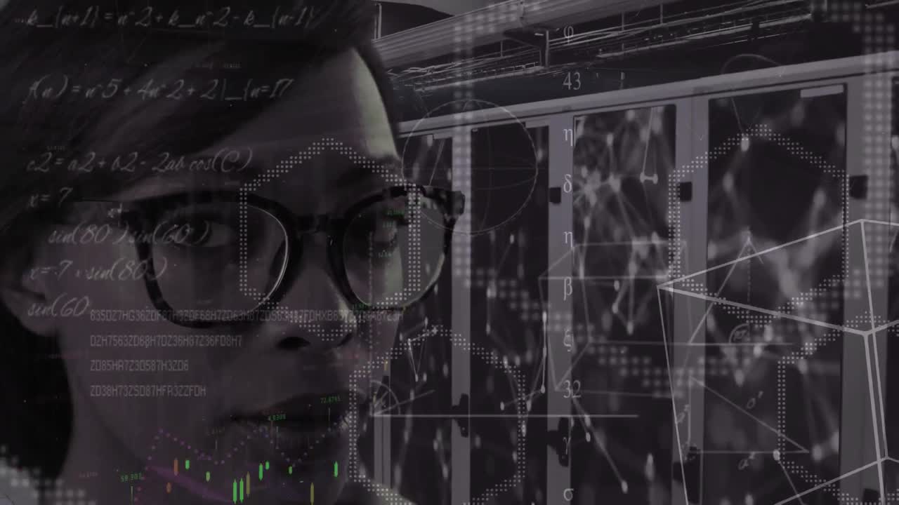 Portrait of woman with computer servers in tech room, scientific data processing and network of conn