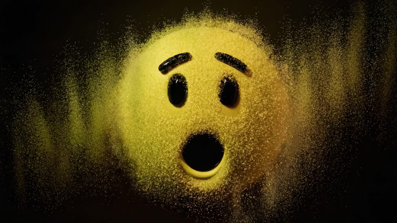 An Artistic Representation of Emotion: A Surprised Yellow Face Emerging from a Cloud of Fine Particles Depicting Shock and Expression in an Abstract Format