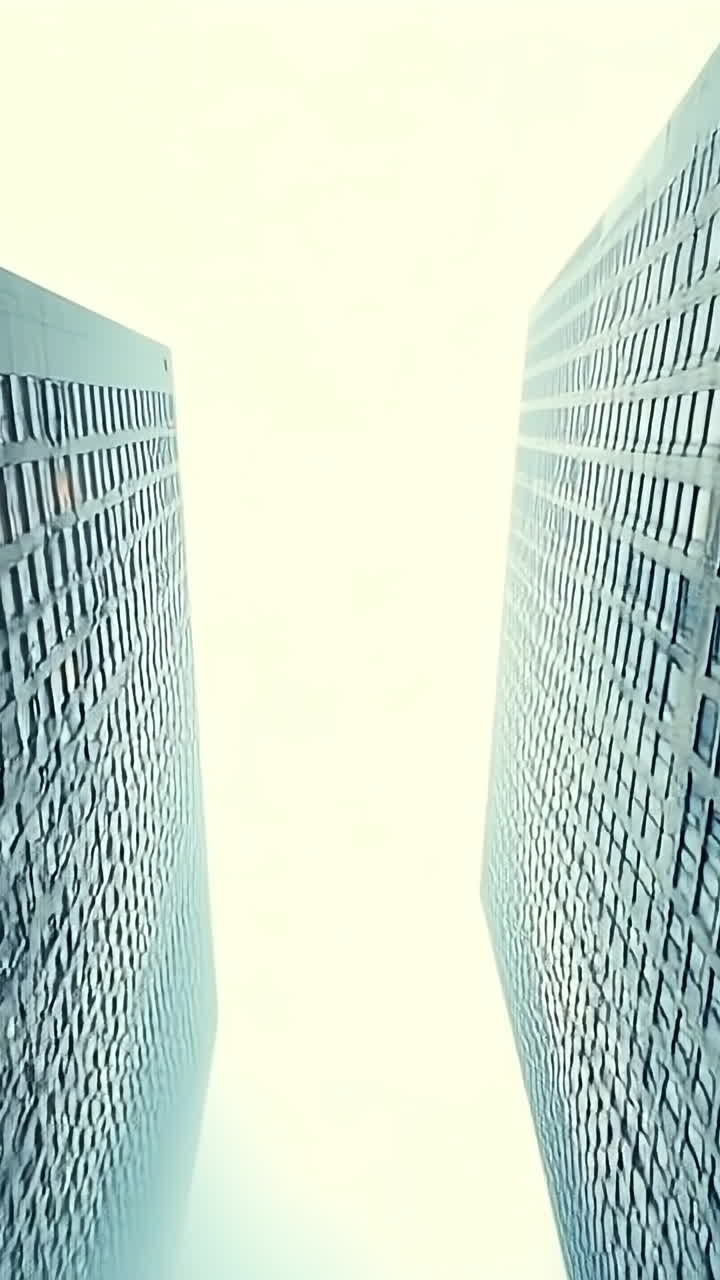 Looking up at towering buildings in fog. Tall buildings rise into the foggy sky, with warm lights glowing from some windows late in the evening.