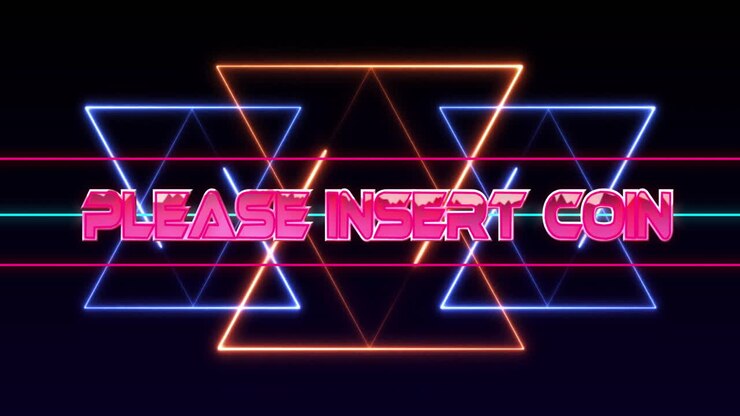 Animazione in stile arcade retrò con triangoli al neon e testo 'Please Insert Coin'