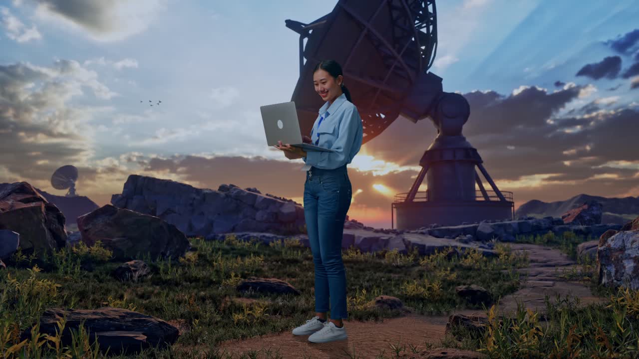 Full Body Side View Of An Asian Female Professional Worker Standing With Her Laptop With Large Satellite Dish, Typing On Her Laptop'S Keybaord With Meditation