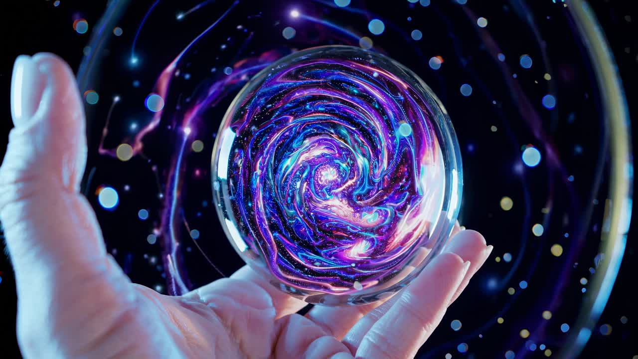 Mano che tiene una sfera di vetro con vortice cosmico