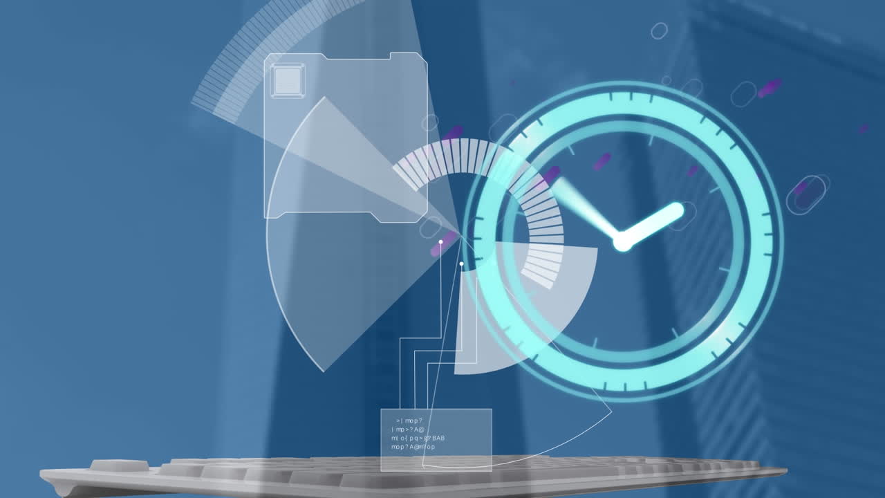 파란색 배경에 시계와 스 ⁇  스캐닝 및 사무실 건물의 애니메이션