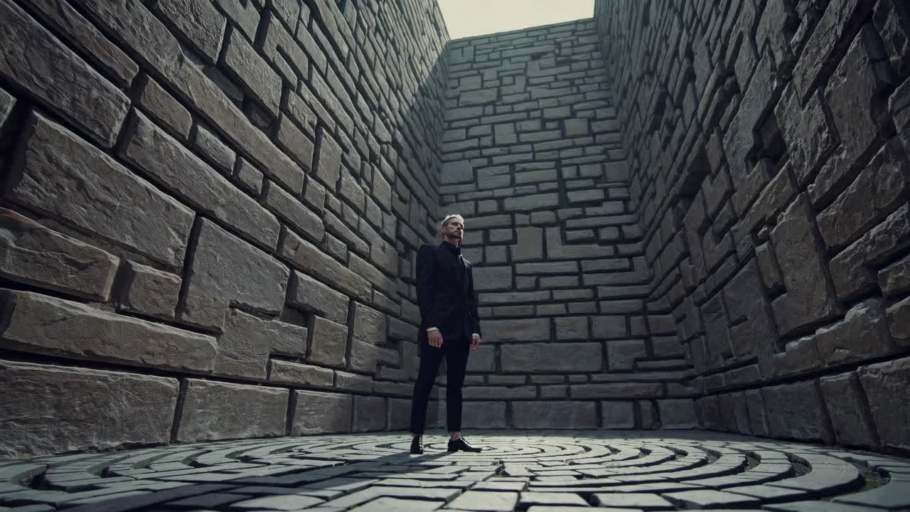 Um homem está em um labirinto de pedra, capturado de um ângulo inferior, criando um vídeo dramático e misterioso