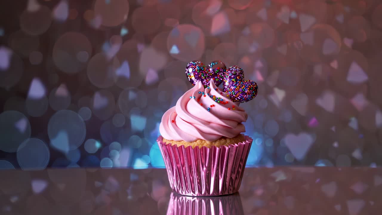 pastel de frasco rosa, adornado con salpicaduras en forma de corazón, se sienta en una superficie reflectante, mientras que el fondo pasa a través de varios colores y efectos bokeh