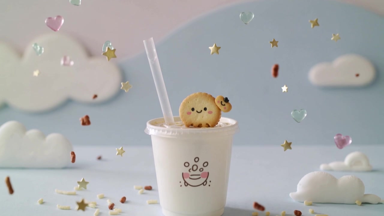 Falling from first frame, star-heart confetti landing on white cup, smiling cookie at pastel studio