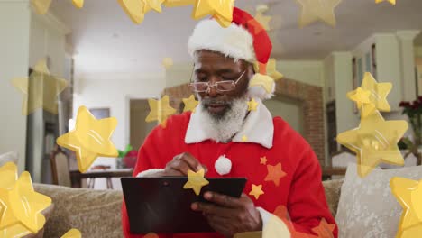 Animation-of-yellow-christmas-stars-falling-over-santa-claus-with-clipboard