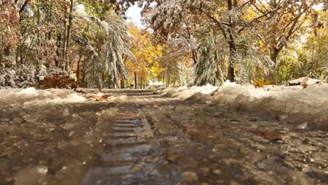 Nieve-Derritiéndose-En-Un-Día-Caluroso-La-Mañana-Después-De-Una-Extraña-Tormenta-De-Nieve-De-Halloween