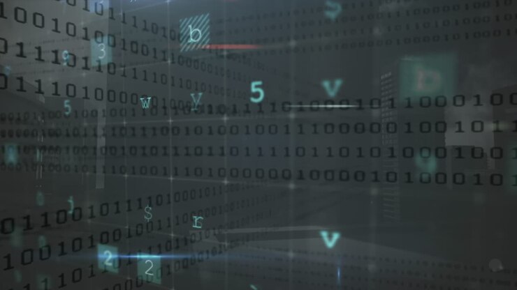 Animation of digital data processing over dark background