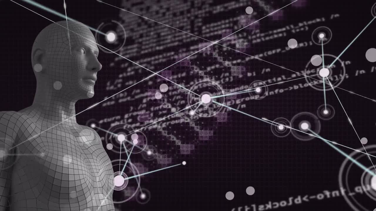 animación de la red de conexiones, cadena de adn y procesamiento de datos sobre el cuerpo humano