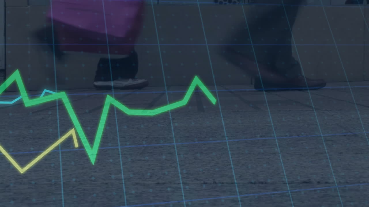 Green line graph animation over people walking on city street