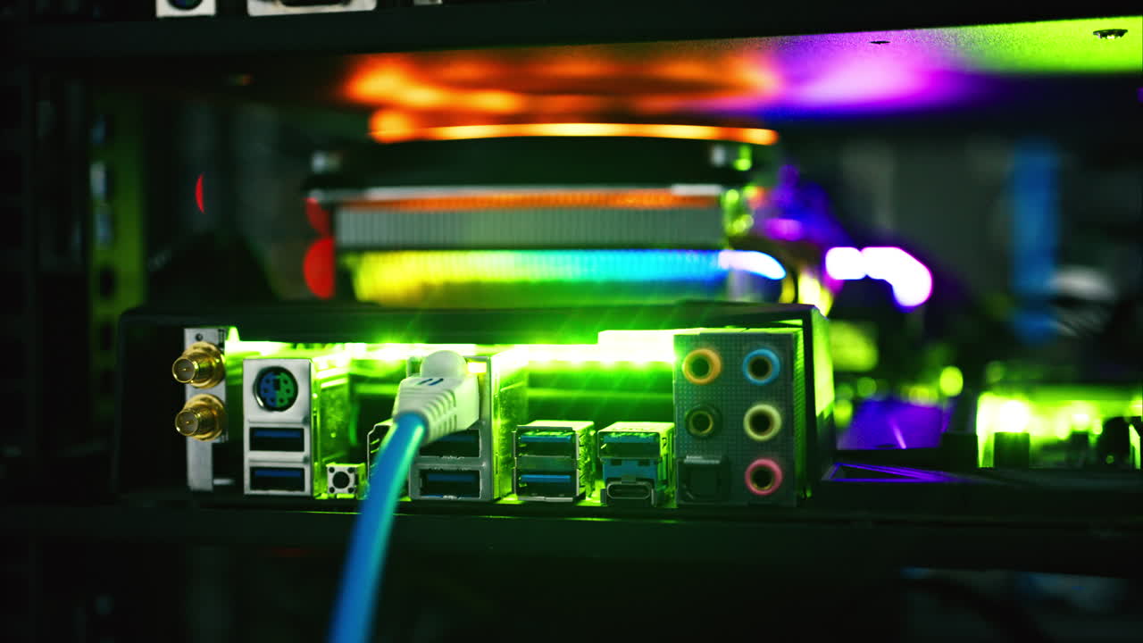 Close up of a server with flashing colourful lights in a data center