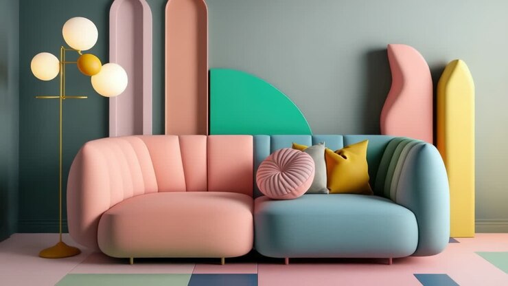 Modern Pastel Living Room with Colorful Sofa and Abstract Decor