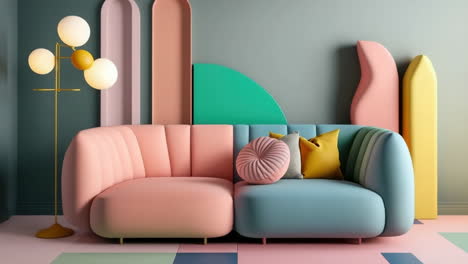 modern pastel living room with colorful sofa and abstract decor