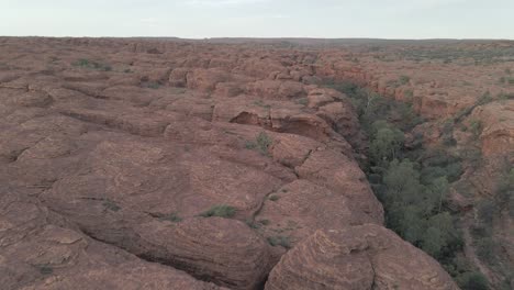 Follaje-Exuberante-Entre-Cúpulas-De-Roca-Roja-En-Kings-Canyon-En-El-Parque-Nacional-Watarrka-En-El-Territorio-Del-Norte,-Australia-Central