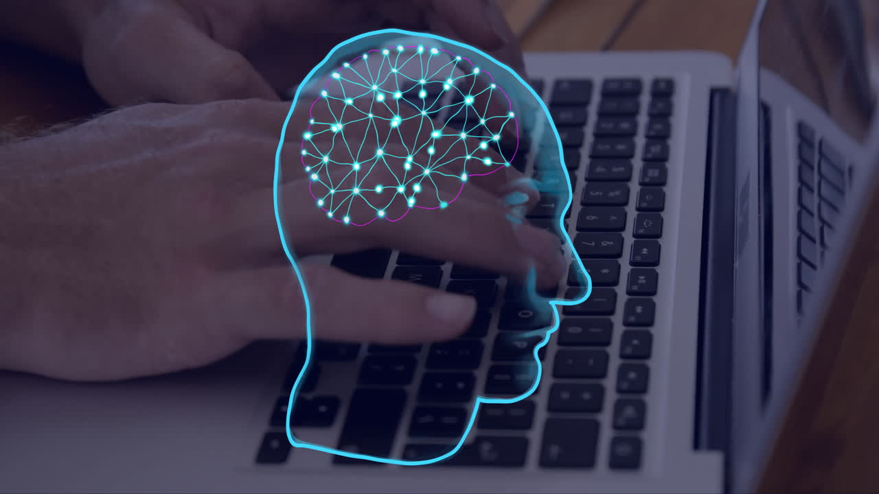 Animation of ai brain and data processing over caucasian man typing on computer