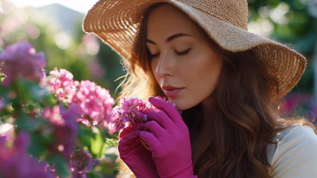 Un momento sereno nella natura: una giovane donna che si gode fiori profumati mentre indossa un cappello di paglia e guanti da giardinaggio rosa in una splendida scena di giardino fiorito.