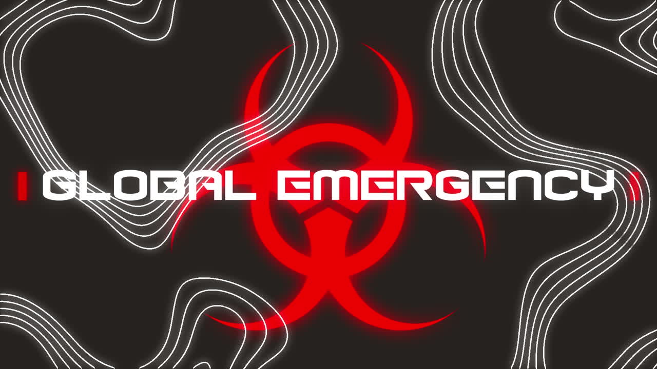Animation of global emergency text over warning grid on black background