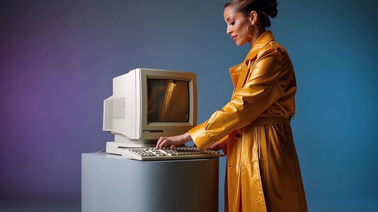 Stilvolle Frau tippt an einem Vintage-Computer in einem farbenfrohen Studio.