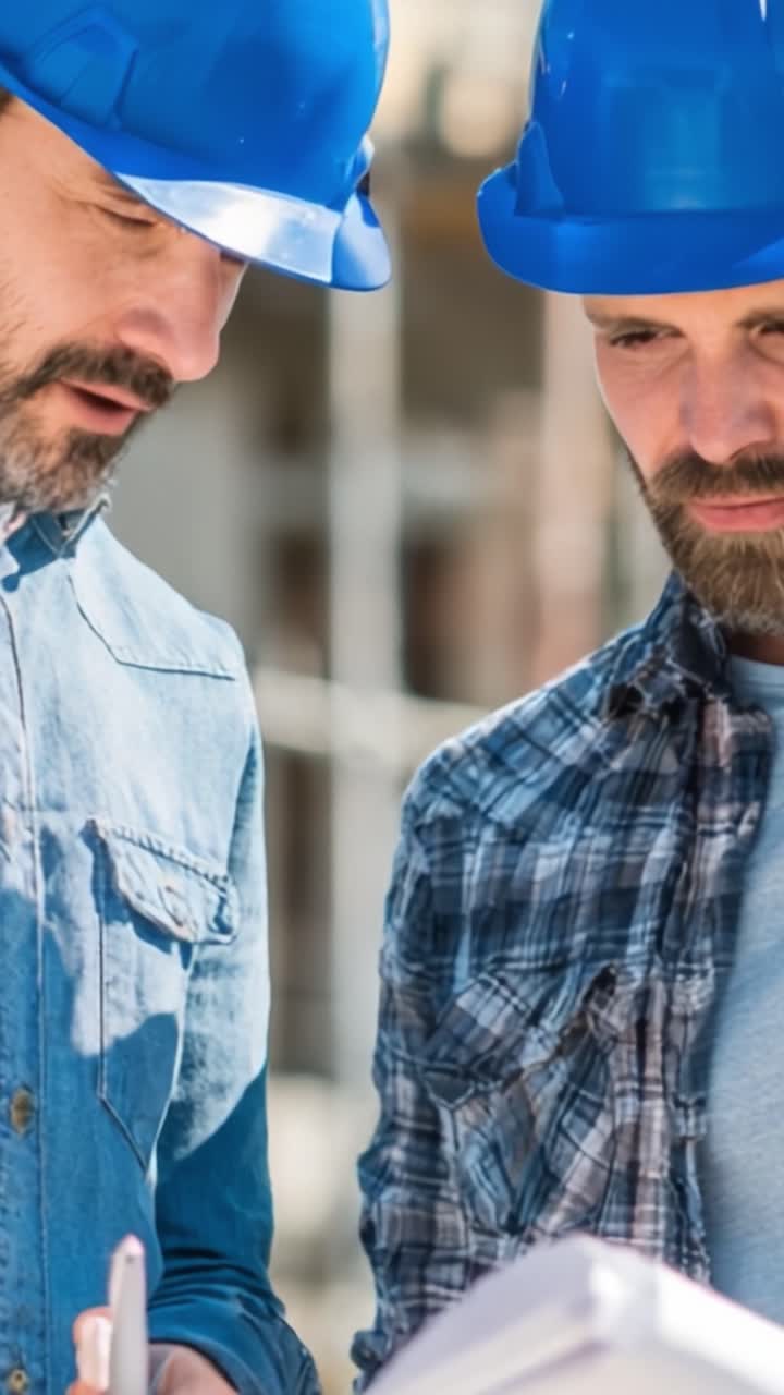 Construction Workers Analyzing Plans Together with Focused Expressions, Showcasing Teamwork and Professionalism on a Building Site
