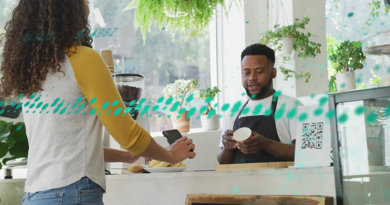 Animation of graphs, changing numbers, globe over diverse woman discussing with male barista